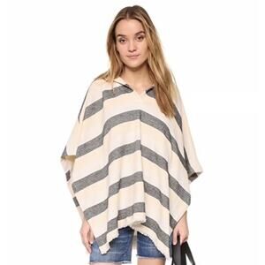 Solid & Striped Hooded Frayed Poncho Nautical Resort Beach Cover-Up One Size